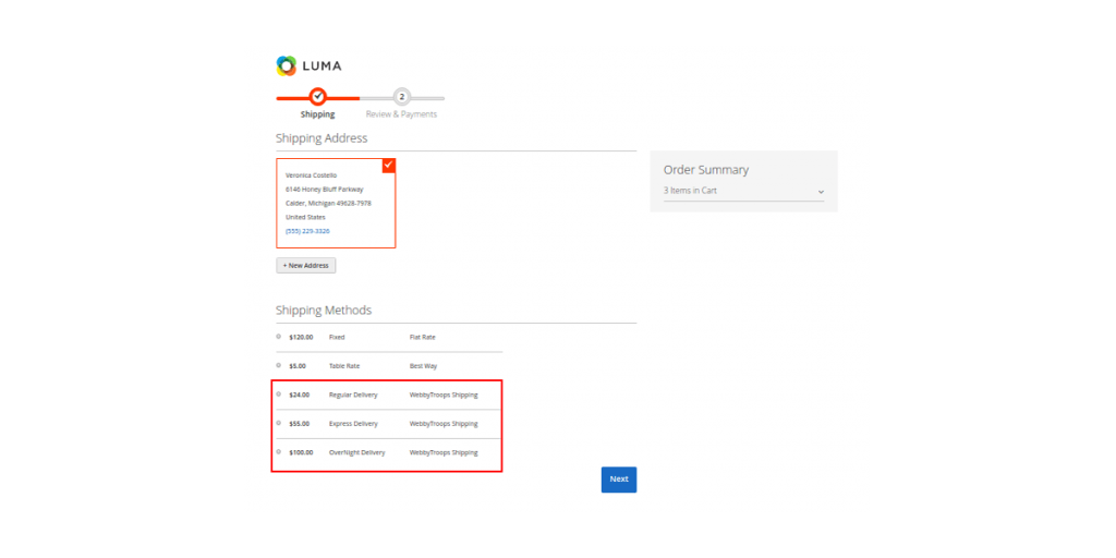 Shipping method on frontend