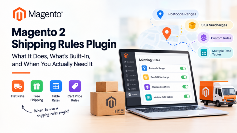 A shipping rules plugin for Magento adds conditional rate logic that the native platform can't express: postcode ranges, per-SKU surcharges, stacked conditions and multiple active rate tables. Magento 2 ships with flat rate, free shipping, table rates and cart price rules, which cover most simple stores. You need a plugin when your rules outgrow those four. Key takeaways Magento 2 has four native shipping tools: flat rate, free shipping, table rates and cart price rules. Most small catalogues never need more. Table rates support exactly three conditions, and only one rate table can be active at a time. Magento does not support postcode ranges in table rates. This single limitation drives more plugin purchases than any other. When free shipping is set in both the configuration and a cart price rule, the configuration setting wins. Before you buy, write your rules out in plain English. If every one maps to a native condition, you're buying something you already own. If you've searched for a shipping rules plugin for Magento, you've probably already hit the wall. You wanted to charge differently for three postcode bands, or add a surcharge on bulky SKUs, or run separate rate tables for two websites, and Magento quietly refused. The admin didn't throw an error. It just didn't have the field you needed. This guide covers what Magento 2 can do on its own, exactly where it stops, and how to tell whether a plugin is the right answer or whether you're about to pay for a feature that's already sitting in Stores > Configuration. Everything below about native behaviour is taken from Adobe's current Commerce documentation, verified on the date at the bottom of this page. Where something is a judgement call rather than documented behaviour, we say so. What does a shipping rules plugin for Magento actually do? The term covers a wide range of products, which is part of why comparing them is frustrating. Broadly, a shipping rules plugin for Magento does one or more of four things. It extends the condition set. Native table rates let you vary a rate by weight, price or item count against a destination. A rules plugin typically adds product attributes, cart attributes, customer group, SKU, category, date windows, and combinations of all of them. It allows multiple active rate sets. Magento permits one table rate dataset per scope at a time. Plugins usually let you define many named rules that evaluate together. It adds rate assembly logic. Surcharges, per-item fees, handling percentages applied conditionally, minimum and maximum caps, and rules that stack or override one another in a defined priority order. It changes what the customer sees. Custom method labels per rule, estimated delivery dates, or hiding methods that don't apply rather than showing them greyed out. Note what isn't on that list: carrier connectivity. A rules plugin computes prices. It doesn't fetch live rates from DHL or print labels. That's a carrier integration, which is a different product entirely. Stores regularly buy one when they needed the other. What can Magento do natively, without any plugin? More than most people assume. Here are the four built-in tools, and what each is genuinely good at. Flat rate A single price, charged per order or per item, optionally restricted by country. It sounds trivial, and it is, but a surprising number of stores with one warehouse and one domestic market run on flat rate forever and never have a shipping support ticket. If your logistics cost is roughly constant per parcel, this is the correct answer and anything more is overhead. Free shipping Configured under Stores > Configuration > Sales > Delivery Methods > Free Shipping. The important fields are Minimum Order Amount and Include Tax to Amount. That second field matters more than its placement suggests. Set to Yes, the qualifying total is calculated as Subtotal + Tax − Discount. Set to No, it's Subtotal − Discount. Two stores with an identical "free over 100" promise will qualify different carts depending on this one dropdown, and neither is wrong — but you need to know which one you picked, because every other part of your storefront that mentions the threshold has to agree with it. Table rates The workhorse. Table rates reference an imported spreadsheet to calculate a rate from one of three conditions: Weight v. Destination Price v. Destination Number of Items v. Destination You export a tablerates.csv from the admin, fill it in, and import it back. An asterisk acts as a wildcard for all values in a column. Cart price rules Found under Marketing > Promotions > Cart Price Rules, and frequently overlooked in shipping discussions because they live in the marketing section. A cart price rule can grant free shipping conditionally. For a threshold promotion, the documented setup is: In Conditions, add Cart Attribute > Subtotal, "equals or greater than", and your threshold value. In Actions, set Apply to "Percent of product price discount", Apply to Shipping Amount to Yes, and Free Shipping to "For matching items only". Between table rates and cart price rules, Magento can express a genuinely wide range of commercial shipping policies without a single line of custom code. Where do native Magento shipping rules break down? Here are the hard limits, in roughly the order stores hit them. Postcode ranges are not supported. In table rates you may use an asterisk to allow all codes within a region or state, or specify a single code for a specific location. There's no "SW1 to SW19" syntax. If your carrier prices by postcode band — and UK, Australian and most Gulf carriers do — you are looking at one CSV row per postcode, or a plugin. This is the single most common trigger for buying one. Only one set of table rate data can be active at a time. You cannot run a weight-based table for heavy goods and a price-based table for everything else. You pick one condition type and one dataset per scope. Three conditions, and that's the list. No product attribute conditions, no category conditions, no customer group conditions inside table rates. Customer group logic has to move to cart price rules, which can't set a rate — only discount one. The CSV is fussy, and fails quietly. The Country column must contain a valid three-character code. Values in the Weight (and above) column accept a maximum of four decimal places; more than that causes the import to fail outright. Rows must be sorted with specific locations above wildcard locations, so absolute values are processed before wildcards. Get the sort order wrong and your rates will be subtly incorrect rather than visibly broken, which is worse. Free shipping has a precedence rule people forget. When both the configuration setting and a cart price rule could apply to the same order, the configuration setting takes precedence over the cart rule. If you have a 50 threshold in configuration and a 75 cart rule for a specific customer group, the configuration wins and your segmentation silently does nothing. Cart price rules depend on cron. Price rules are processed with other system rules, and processing frequency depends on your cron configuration. A rule that looks saved and active in the admin may not be live on the storefront yet. Coupon conditions tied to checkout options resolve late. If a coupon rule has conditions specifying shipping or payment methods, those conditions can only be met in checkout after the shopper has selected that method. The coupon then applies at the last step. Customers read this as "my code didn't work" and contact support. How do you decide between native config and a shipping rules plugin? Do this before you look at a single product page. Write every shipping rule your business actually has, in plain sentences, the way you'd explain them to a new warehouse hire. Then map each one. Your rule Native Magento? Which tool One price per parcel, domestic only Yes Flat rate Free over a cart value Yes Free shipping config Free over a value, for one customer group only Yes Cart price rule Rate varies by weight band and country Yes Table rates (Weight v. Destination) Rate varies by order value and country Yes Table rates (Price v. Destination) Rate varies by postcode band No Plugin, or one row per code Weight bands for some products, value bands for others No Plugin Surcharge on specific SKUs or a "bulky" attribute No Plugin Different rate tables per website or store view Partly Scope config, then plugin Live rates and labels from a named carrier No Carrier integration, not a rules plugin If every line comes back "yes", stop. You don't need to buy anything, and adding a plugin to a store that doesn't need one costs you a dependency on every future upgrade. If two or more lines come back "no", a plugin is probably cheaper than the alternative, which is custom development. If exactly one line comes back "no", think about whether the rule is worth the dependency. Sometimes the right move is to change the commercial policy rather than the software. A postcode band that exists because of one awkward carrier contract may be easier to renegotiate than to encode. What should you look for in a shipping rules plugin for Magento? Once you've decided you need one, these are the questions that predict whether you'll be happy in two years. Does it state current version compatibility explicitly? Adobe Commerce 2.4.9 is tested with PHP 8.5. 2.4.8 runs on PHP 8.4 and 8.3; 2.4.7 on 8.3 and 8.2. A plugin whose latest release targets an older line will need work before it installs on a current store. Check the release date, not just the marketing copy. Does it compute rates server-side? Some cheaper products apply their logic in the frontend only. The rate the shopper sees and the rate written to the order then diverge, which surfaces as revenue leakage months later. The rule logic must run in the rate collection, not in a template. How does it handle rule priority? With more than a handful of rules, two will eventually match the same cart. You want an explicit, documented priority or stacking model, not whichever rule happens to be found first. Is it compatible with your checkout? If you're on Hyvä, or a one-step checkout extension, ask directly. Shipping rate display is one of the areas where checkout replacements and rate plugins conflict most often. Can you export and version your rules? Rules are business logic. If they only exist as rows in an admin grid with no export, you have no way to review a change or roll one back. What happens on an uninstall? Ask what the store does if the plugin is disabled mid-season. The honest answer is usually "those methods disappear from checkout", which is worth knowing before Black Friday rather than during it. How do you set up table rate shipping step by step? If you've concluded native is enough, here's the documented flow. Step 1: configure the defaults. Go to Stores > Settings > Configuration, open Sales > Delivery Methods, and expand Table Rates. Set Enabled to Yes. Enter the Title shown during checkout (the default is "Best Way") and a Method Name that appears as a label next to the calculated rate. Choose your Condition from the three options. If your catalogue includes virtual products, decide on Include Virtual Products in Price Calculation. Virtual products have no weight, so they can't change a Weight v. Destination result, but they will change a Price v. Destination or item-count result. Set the handling fee if you charge one: Calculate Handling Fee as Fixed or Percent, then the rate. Enter a fixed fee as a decimal such as 4.90. Enter a percentage as a decimal too — six percent is entered as .06, not 6. This trips up almost everyone the first time. Set Ship to Applicable Countries, decide whether to Show Method if Not Applicable, and set the Sort Order, where 0 appears first. Step 2: prepare the data. Set the Store View scope at the top left, then click Export CSV and open the file in a spreadsheet. Fill in your rates, remembering the four rules that will otherwise bite you: three-character country codes, asterisks as wildcards, specific rows sorted above wildcard rows, and no more than four decimal places in the weight column. Step 3: import. Back in the Table Rates section, set the Store View to the right scope, choose your file for Import, and save the configuration. Step 4: verify. Run several test orders to different addresses and confirm the shipping and handling rates calculate correctly. Do this with addresses that sit exactly on your band boundaries, because off-by-one errors at band edges are the most common table rate defect. How do you build a free shipping threshold rule correctly? Two routes, and the choice has consequences. Route one, configuration. Set Minimum Order Amount under Free Shipping. Simple, global, and it takes precedence over cart rules. Use it when the threshold is a single store-wide promise. Route two, cart price rule. Use the Conditions and Actions settings described earlier. Use it when the threshold varies by customer group, website, date window or coupon. If you need route two to work, be careful with route one. Adobe's own guidance for combining free shipping with table rates is to set the Minimum Order Amount so high that it is never met, which prevents the configuration from firing and leaves the price rule in control. It's a blunt technique, but it's the documented one. At carrier level there's a third layer. Carrier configurations such as UPS have their own Free Method setting, an Enable Free Shipping Threshold toggle, and a Free Shipping Amount Threshold value. If free shipping isn't appearing despite correct configuration, this is usually where the problem is hiding. What are the most common shipping rule mistakes we see? Thresholds that disagree across the site. The banner says 50, the cart says 50, and the rule counts tax so the real figure is 46 or 54 depending on the basket. Pick your Include Tax to Amount setting first, then write the copy. Rules built on price in a multi-currency store. A price-based table rate in a store selling in three currencies needs its bands checked per currency, not converted once and forgotten. No test for the "no method available" case. Set Show Method if Not Applicable deliberately. A checkout with zero shipping methods and no explanation is a guaranteed abandoned cart, and it's much easier to notice in testing than in analytics. Stacking a rules plugin on top of unfinished native config. Plugins layer on the native rate collection. If your table rate data is wrong, the plugin inherits the problem. Forgetting cron. Covered above, but worth repeating, because "the rule isn't working" and "the rule hasn't been processed yet" look identical from the admin. How do shipping rules interact with checkout performance? Every shipping method registered in your store is asked for a rate each time the quote is recalculated — on address entry, on quantity change, on coupon application. Native methods are cheap because they're local arithmetic. Live carrier lookups are expensive because they're network calls. A rules plugin sits in the cheap category, so in principle it shouldn't hurt. In practice, two things do. The first is rule count: a plugin evaluating two hundred rules against every cart line on every quote refresh will show up in your checkout timings. The second is plugins that make their own external calls for delivery date estimates. If checkout feels slow after adding one, profile the rate collection before blaming the frontend. Our Magento performance optimization playbook covers how to isolate this, and how page speed affects bounce rate explains why it's worth the effort commercially. When should you build a custom shipping carrier instead? There's a third option between native config and a marketplace plugin: a custom carrier module. This is the right answer when your rate logic is genuinely unique to your business — a rate derived from your own fulfilment system, a rate that depends on live stock location, a rate negotiated per customer account. No off-the-shelf rules engine will express that, and bending one into shape costs more than writing the real thing. It's the wrong answer when you're replicating something a plugin already does. Custom code is yours to maintain across every Magento upgrade, and shipping code touches checkout, which is the least forgiving place to carry technical debt. Our view on where that line sits is in Magento extension development: when do you need it. If you're weighing this up, our Magento development team scopes shipping logic as a discovery exercise before any code is written, precisely because the answer is often "you don't need custom code for this". What do most guides on this topic miss? Three things, consistently. They don't mention the postcode range limitation. It's the actual reason most stores need a plugin, and it's rarely stated plainly because it's in the detail of the table rate documentation rather than the headline feature list. They treat free shipping as one feature. It's three — configuration, cart price rule, and carrier-level threshold — with a precedence order between them. Most articles describe one and leave readers confused when their setup doesn't behave. They conflate rate rules with carrier integrations. A list of "best Magento shipping extensions" that mixes rate calculators with carrier connectors isn't comparing like with like. Work out which problem you have first. If it's carrier connectivity, our comparison of local delivery APIs and courier APIs is the more useful starting point, and our roundup of Magento shipping providers in the UAE covers that side for Gulf stores. Glossary Rate collection — the process Magento runs to ask every enabled shipping method for a price for the current quote. Quote — the in-progress cart, including items, addresses and selected methods, before it becomes an order. Scope — the level at which a setting applies: default, website or store view. Table rate data is scoped, which is how multi-site stores get partial separation. Wildcard — the asterisk in table rate CSV columns, meaning "all values in this category". Handling fee — an extra charge added to the calculated shipping cost, configurable as a fixed amount or a percentage. Carrier integration — a module that connects to a courier's API for live rates, labels and tracking. Distinct from a rate rules plugin. Frequently asked questions Does Magento 2 support postcode ranges in shipping rules? Not in native table rates. You can use an asterisk for all codes within a region or state, or specify a single code. Ranges require either one row per postcode or a shipping rules plugin. Can I have more than one table rate configuration active? No. Only one set of table rate data can be active at a time per scope. If you need parallel rate logic, that's a plugin or a custom carrier. Why is my free shipping cart price rule being ignored? Most likely the configuration setting is also applying, and it takes precedence over the cart rule. Check Stores > Configuration > Sales > Delivery Methods > Free Shipping, and check the Free Method and threshold settings on the carrier itself. Why did my table rate CSV import fail? The two documented causes are invalid country codes — the column needs valid three-character codes — and more than four decimal places in the Weight (and above) column. Does a shipping rules plugin give me live carrier rates? No. Rate rules plugins compute prices from your own logic. Live rates, labels and tracking come from a carrier integration, which is a separate type of extension. Will a shipping rules plugin work with Hyvä? Ask the vendor directly for your specific version. Rate display is rendered in the checkout, so compatibility depends on both the plugin and your checkout implementation rather than on Magento alone. How many shipping rules is too many? There's no fixed limit, but rule count affects quote recalculation time. If checkout slows measurably after adding rules, profile the rate collection before changing anything else. Should I set the free shipping threshold with or without tax? Either is valid. What matters is that you choose deliberately and then make every piece of storefront copy match the setting, because Include Tax to Amount changes which carts qualify. Where to go from here Start with the mapping exercise. Write your rules out, match them against the table above, and see how many native Magento can already express. Most stores find at least half of what they were about to buy is already configurable. If you land on the other side of that line and the rules are genuinely beyond native config, the next decision is plugin versus custom carrier, and that one turns on how specific your logic is to your own business rather than on budget. If you'd rather not work through it alone, talk to our team — we'll map your rules against native capability first and tell you honestly whether you need to buy anything. You can also hire Magento developers for the implementation once the approach is settled.